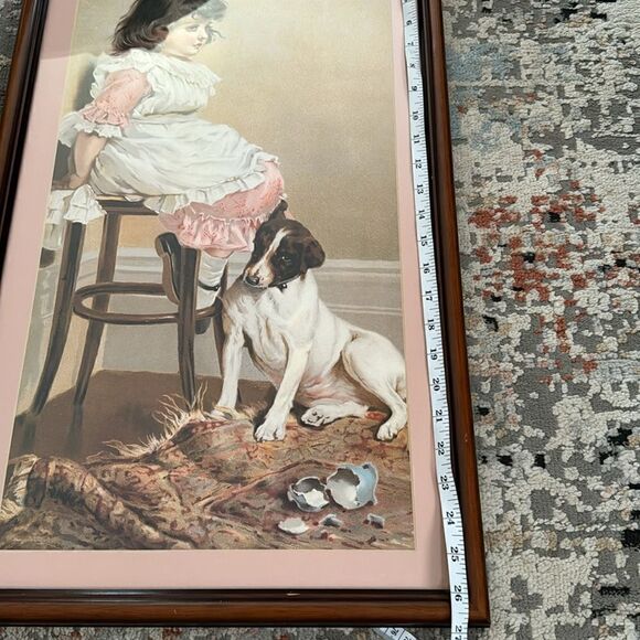 Victorian Lithograph Print Picture frame"Faithful Friend" Girl And Puppy Dog - Picture 3 of 8